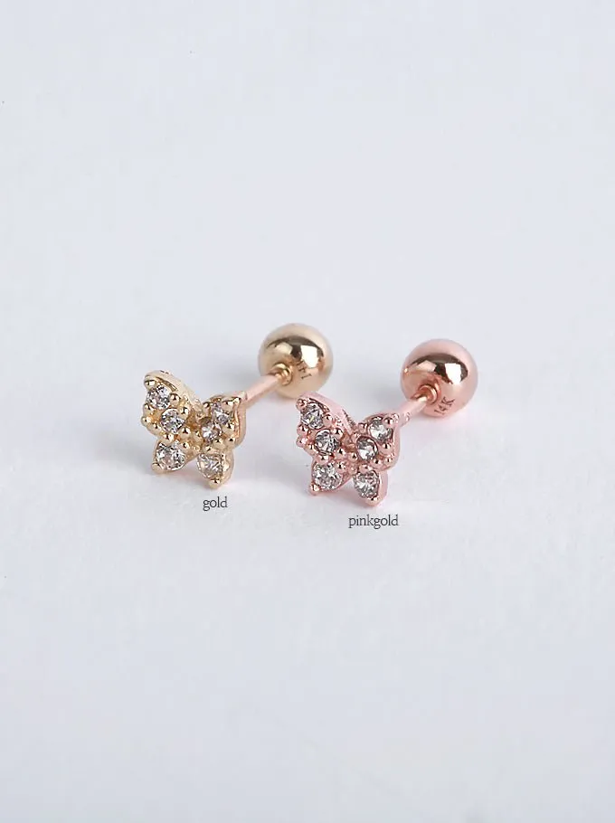 14K Solid Gold Butterfly CZ Stone Pave Single Stud