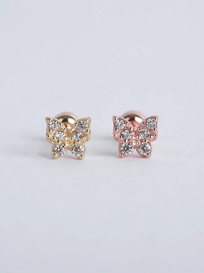 14K Solid Gold Butterfly CZ Stone Pave Single Stud