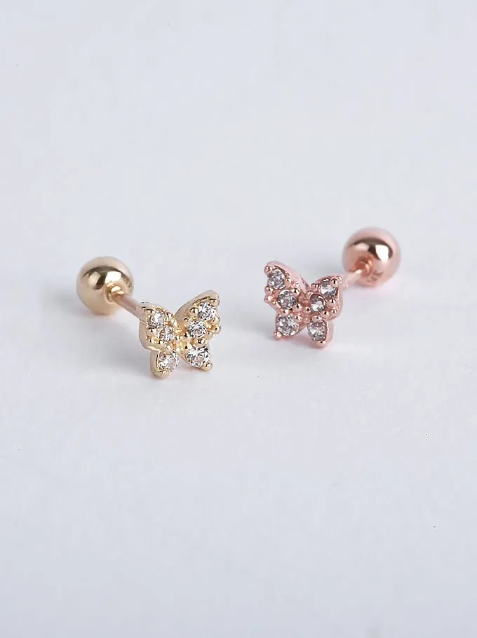 14K Solid Gold Butterfly CZ Stone Pave Single Stud