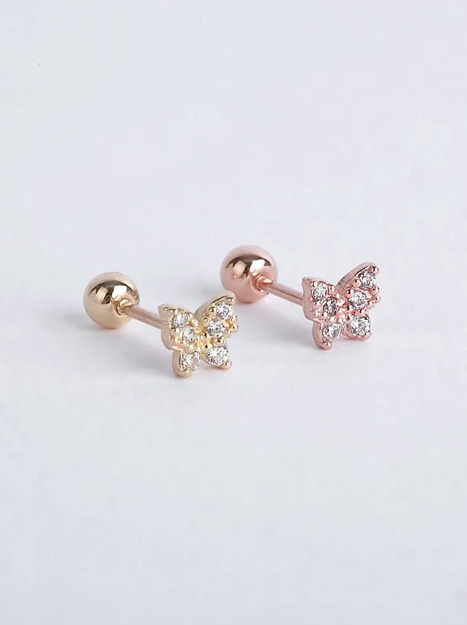 14K Solid Gold Butterfly CZ Stone Pave Single Stud