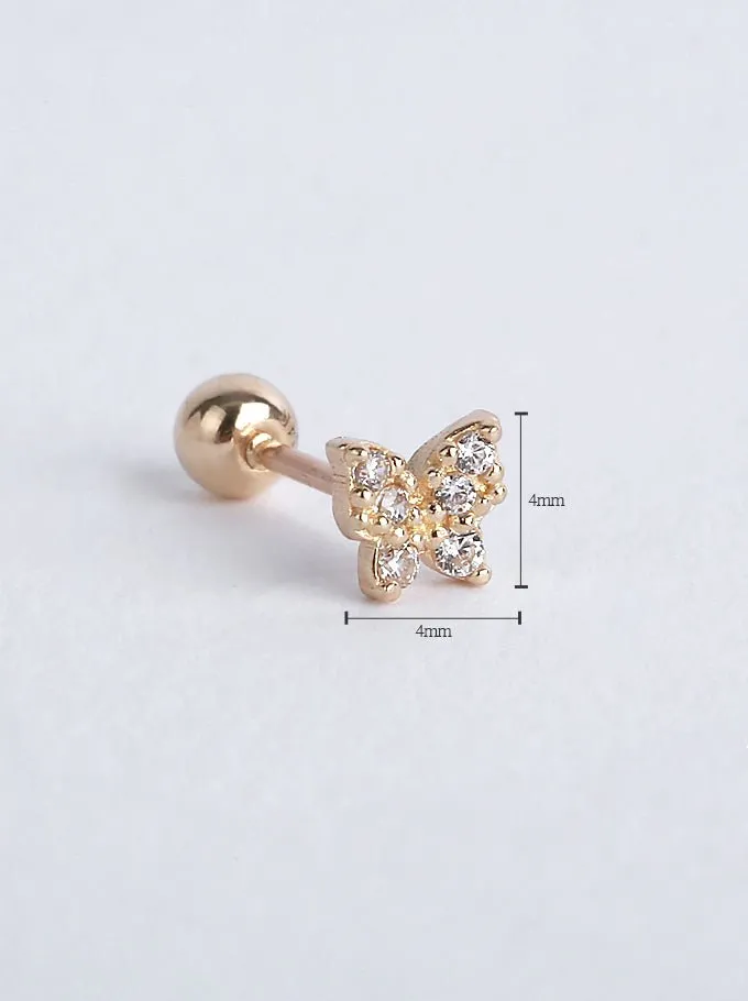 14K Solid Gold Butterfly CZ Stone Pave Single Stud