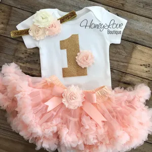 1st Birthday Outfit - Peach, Ivory and Gold - embellished pettiskirt