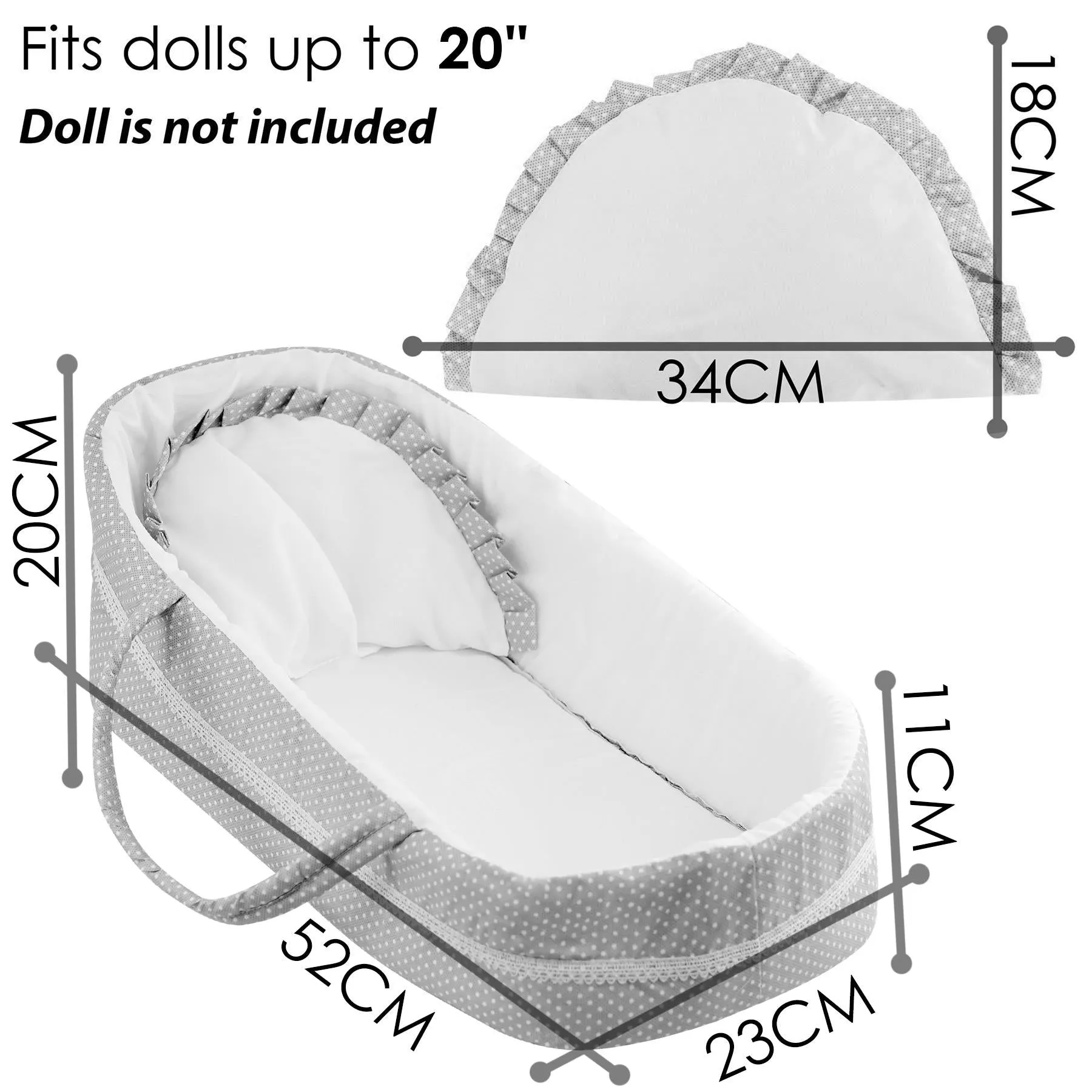 20“ Grey Baby Dolls Carry Cot Bed with Pillow & Carry Handles