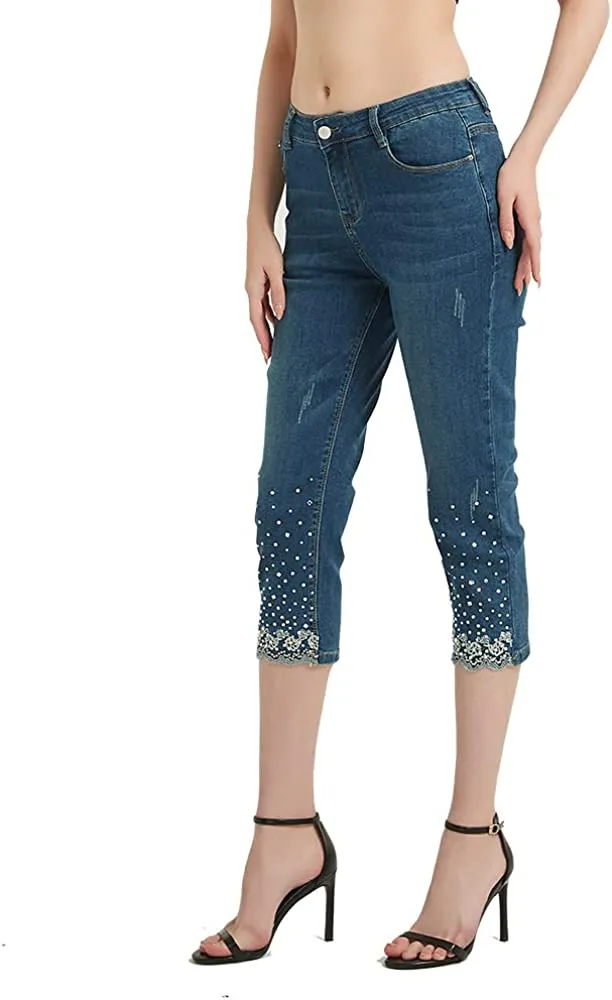 Amy Fashion - Capri Jeans Embroidered Stretch Mid-Rise Skinny Cropped Denim Capris