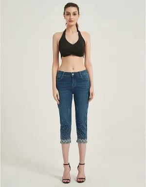 Amy Fashion - Capri Jeans Embroidered Stretch Mid-Rise Skinny Cropped Denim Capris