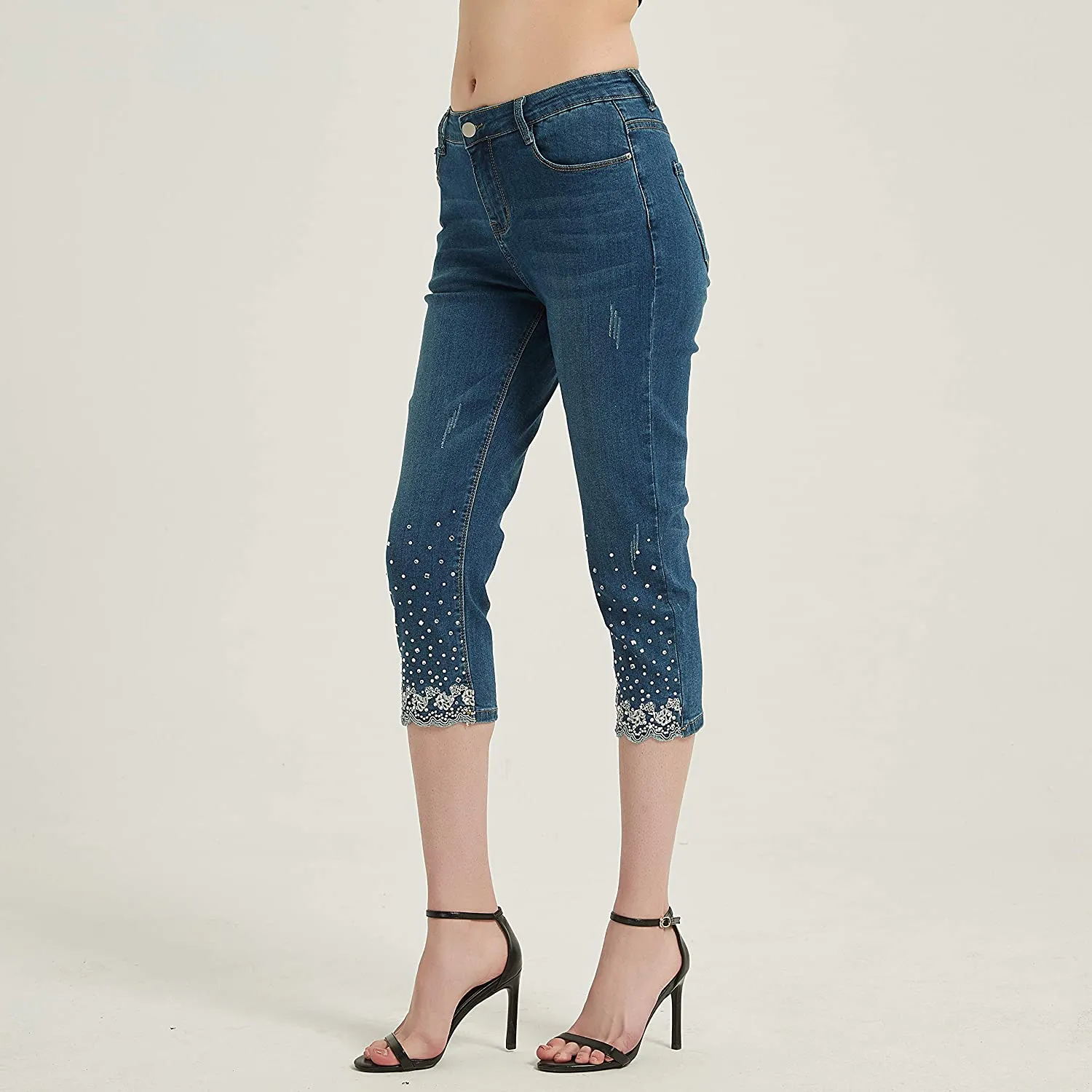 Amy Fashion - Capri Jeans Embroidered Stretch Mid-Rise Skinny Cropped Denim Capris