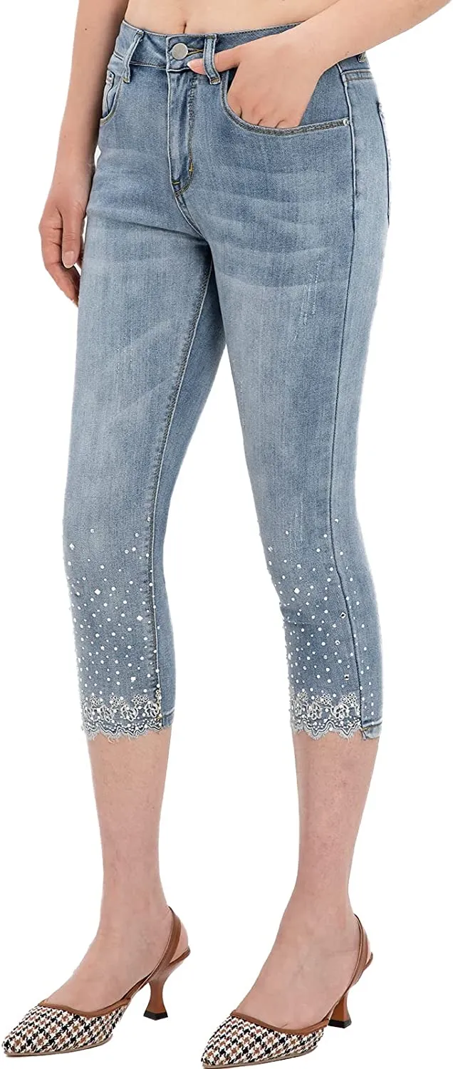 Amy Fashion - Capri Jeans Embroidered Stretch Mid-Rise Skinny Cropped Denim Capris