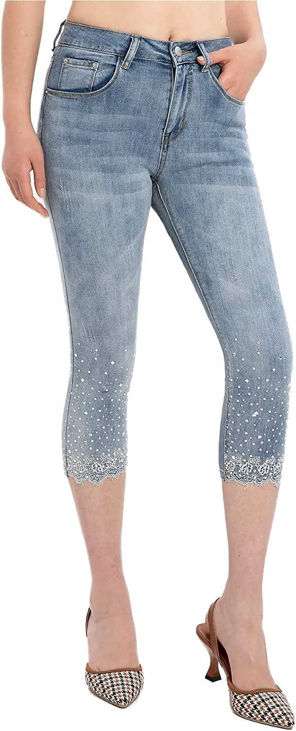 Amy Fashion - Capri Jeans Embroidered Stretch Mid-Rise Skinny Cropped Denim Capris