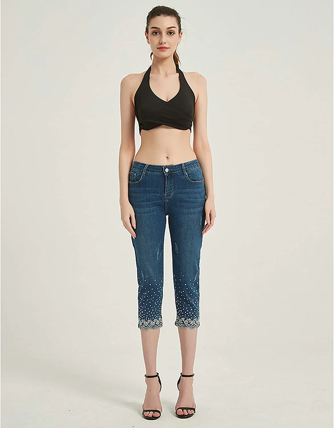 Amy Fashion - Capri Jeans Embroidered Stretch Mid-Rise Skinny Cropped Denim Capris