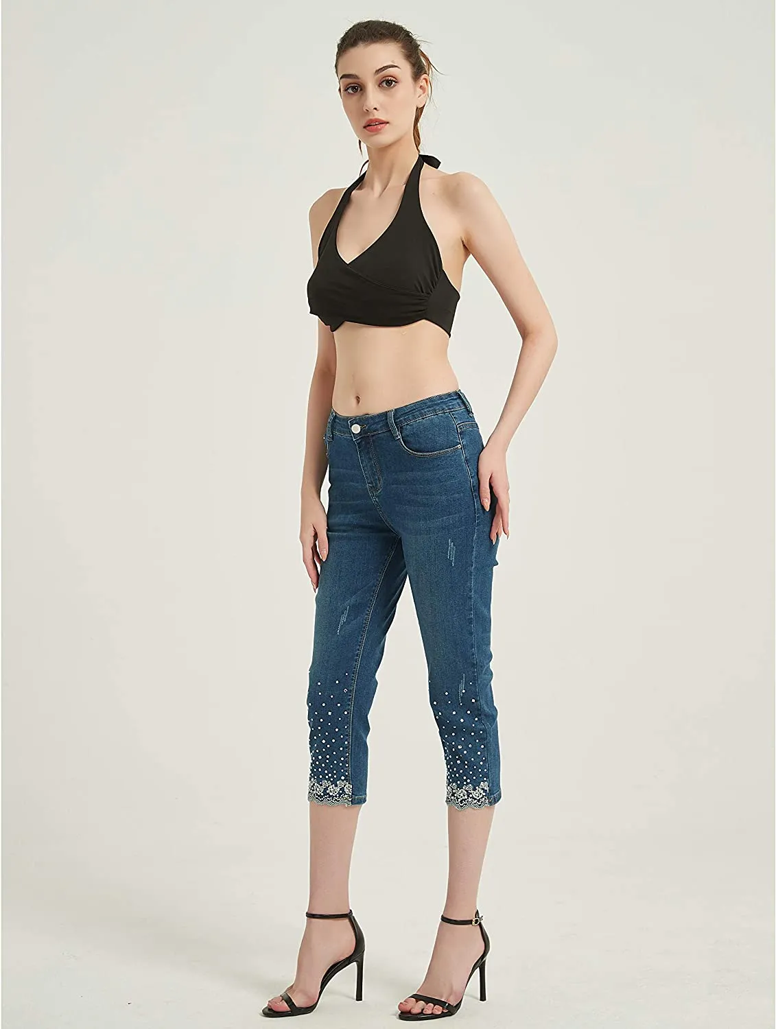 Amy Fashion - Capri Jeans Embroidered Stretch Mid-Rise Skinny Cropped Denim Capris