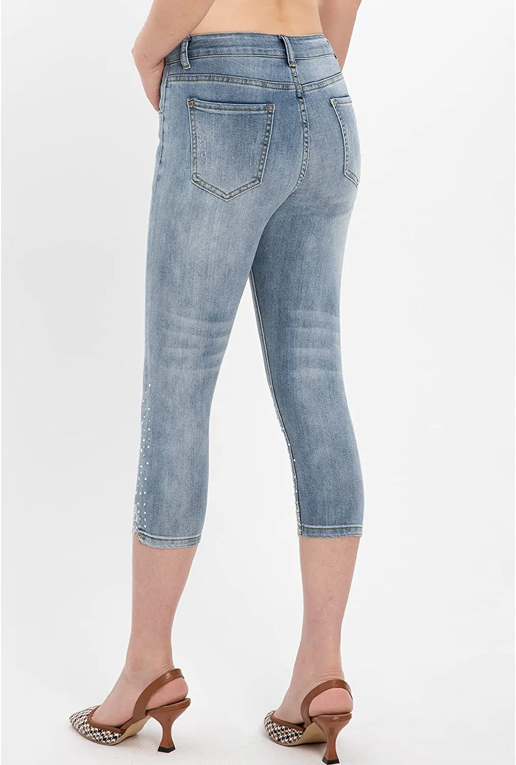 Amy Fashion - Capri Jeans Embroidered Stretch Mid-Rise Skinny Cropped Denim Capris