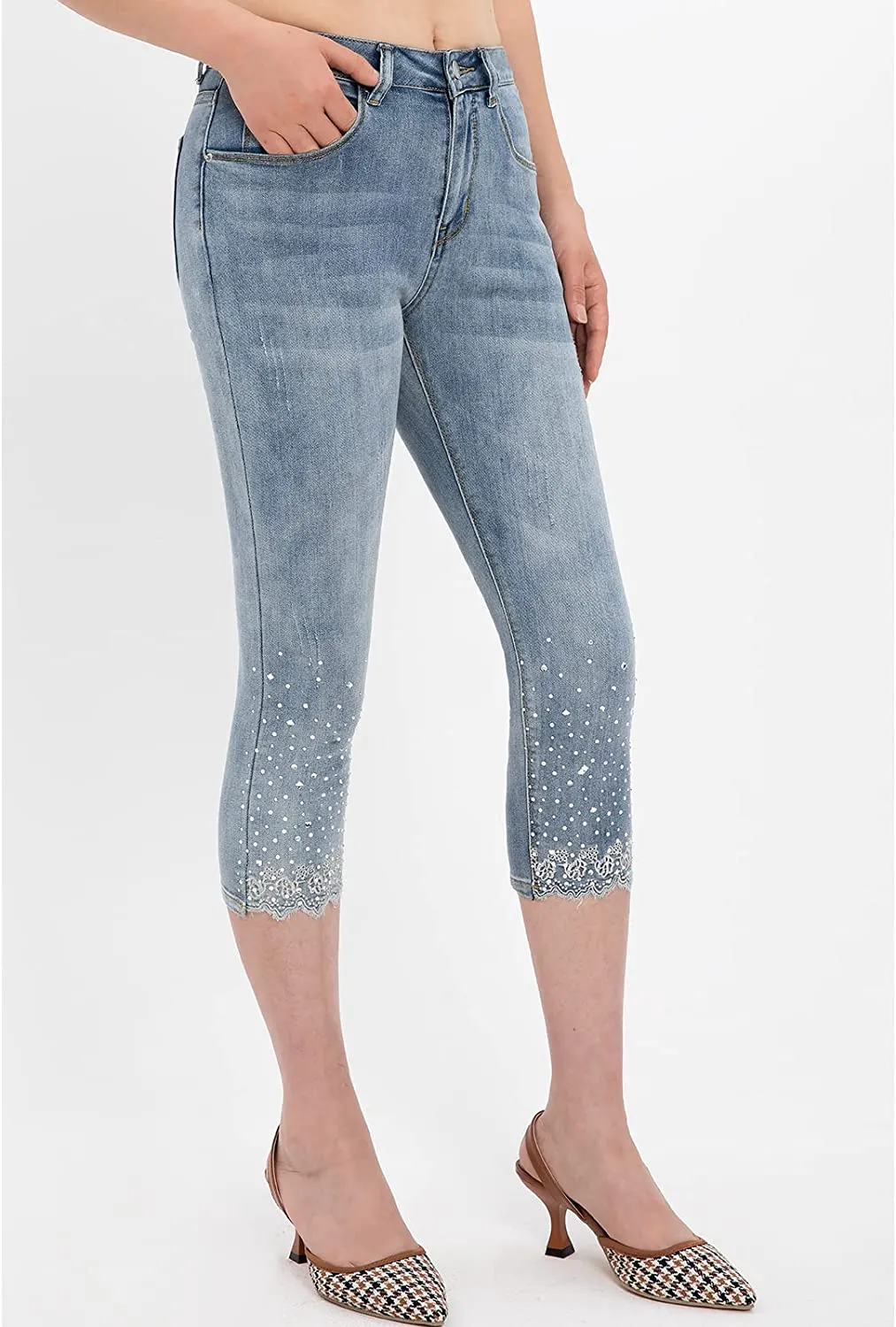 Amy Fashion - Capri Jeans Embroidered Stretch Mid-Rise Skinny Cropped Denim Capris