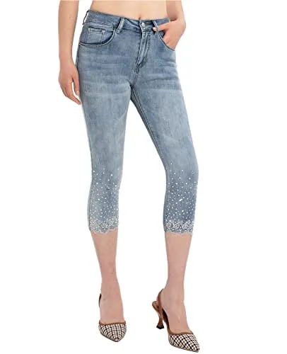 Amy Fashion - Capri Jeans Embroidered Stretch Mid-Rise Skinny Cropped Denim Capris