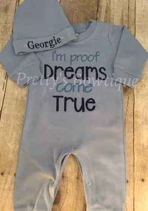 Baby Boy Coming Home Outfit -- I'm proof dreams do come true Romper & Hat with Embroidered Name