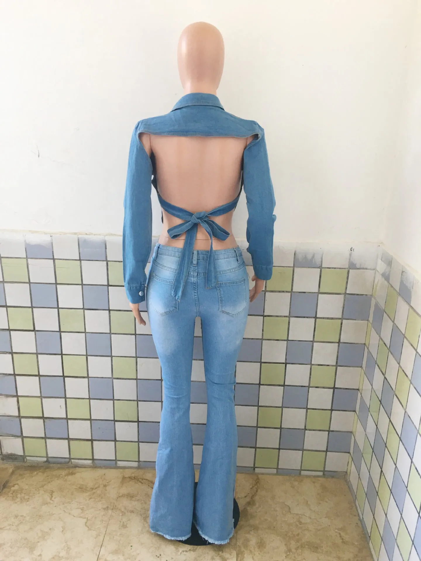 BH305   women fashion jeans backless crop top