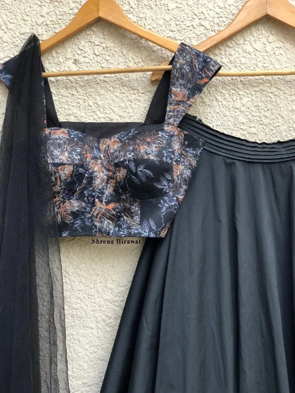 Black Print Bustier With Black Skirt And Tulle Dupatta (Set of 3)