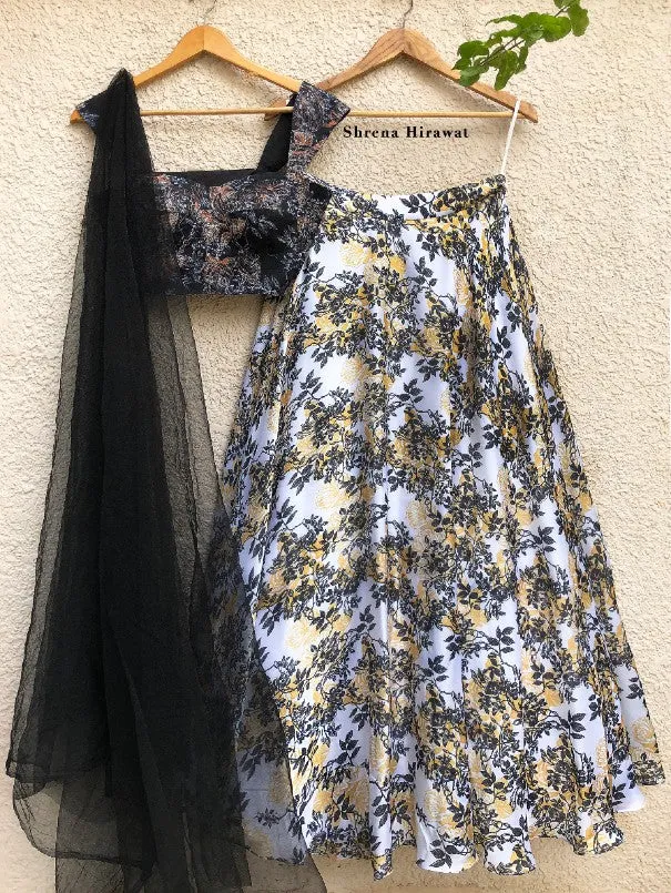 Black Print Bustier With Irene Skirt And Tulle Dupatta (Set of 3)