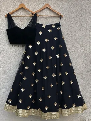 Black Velvet Blouse With Black Gold Lehenga Skirt (Set of 2)