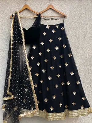 Black Velvet Blouse with Black Gold Skirt & Scallop Dupatta (Set of 3)