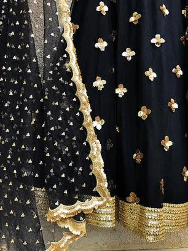 Black Velvet Blouse with Black Gold Skirt & Scallop Dupatta (Set of 3)