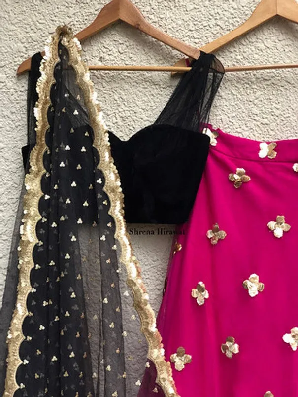 Black Velvet Blouse With Hot Pink Lehenga Skirt & Scallop Dupatta (Set of 3)