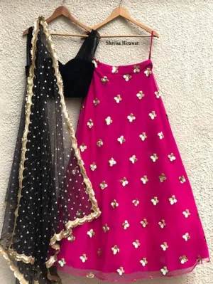 Black Velvet Blouse With Hot Pink Lehenga Skirt & Scallop Dupatta (Set of 3)