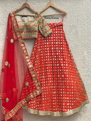 Burnt Orange Mirror Lehenga Set with Threadwork And Mirror Blouse & Red Tulle Dupatta (Set of 3)