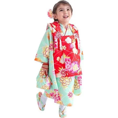 Full Kimono Set for 3 Years Old Mint Green & Red Shichigosan/New Years Ceremony