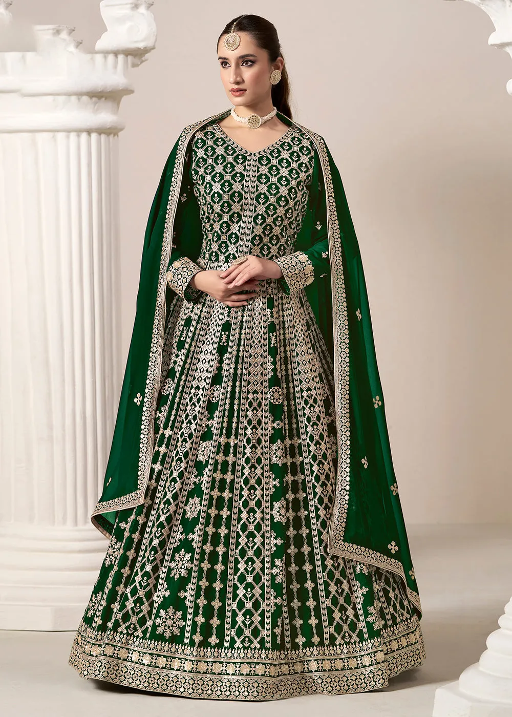 Green All Over Embroidered Georgette Designer Anarkali Gown