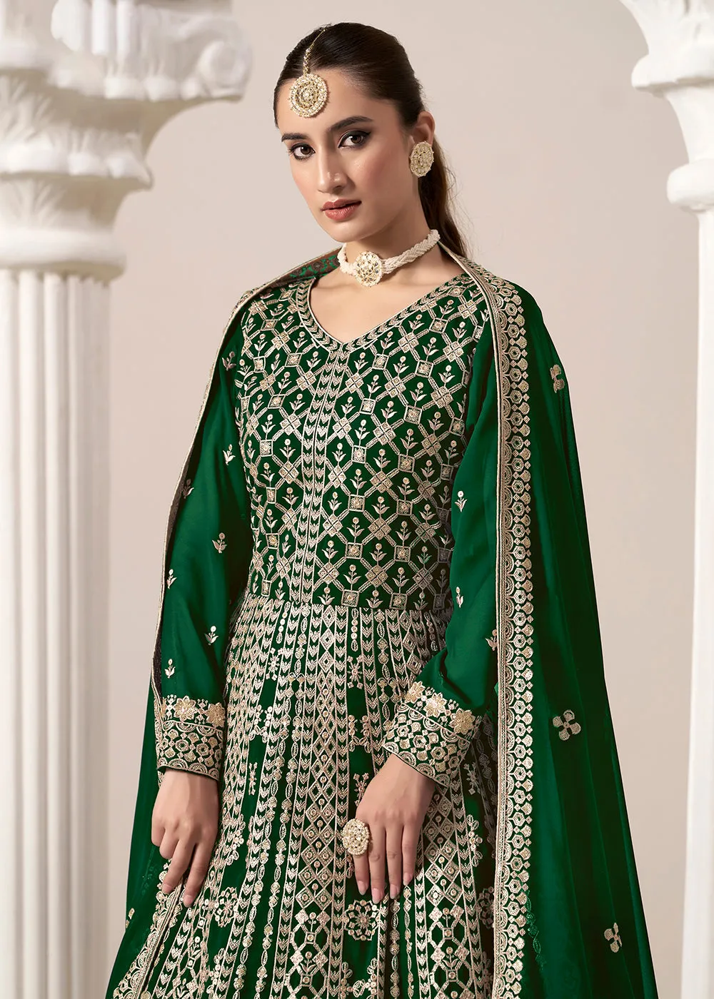 Green All Over Embroidered Georgette Designer Anarkali Gown