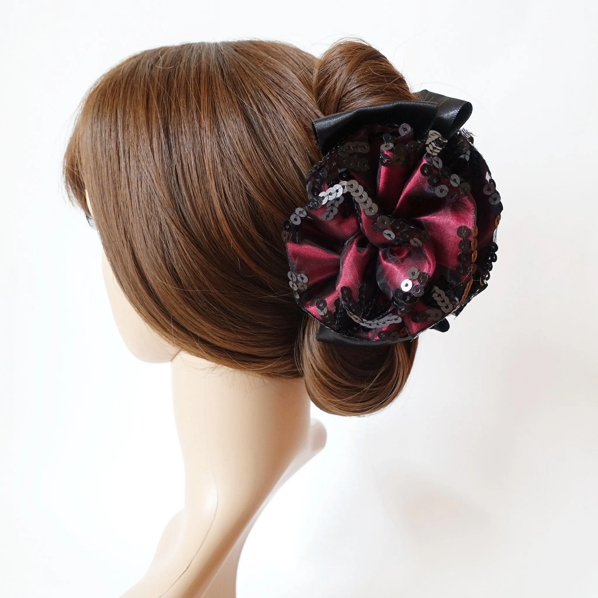 Handmade Premium Satin Fabric Flower Bow Sequin Spangle Hair Jaw Clip