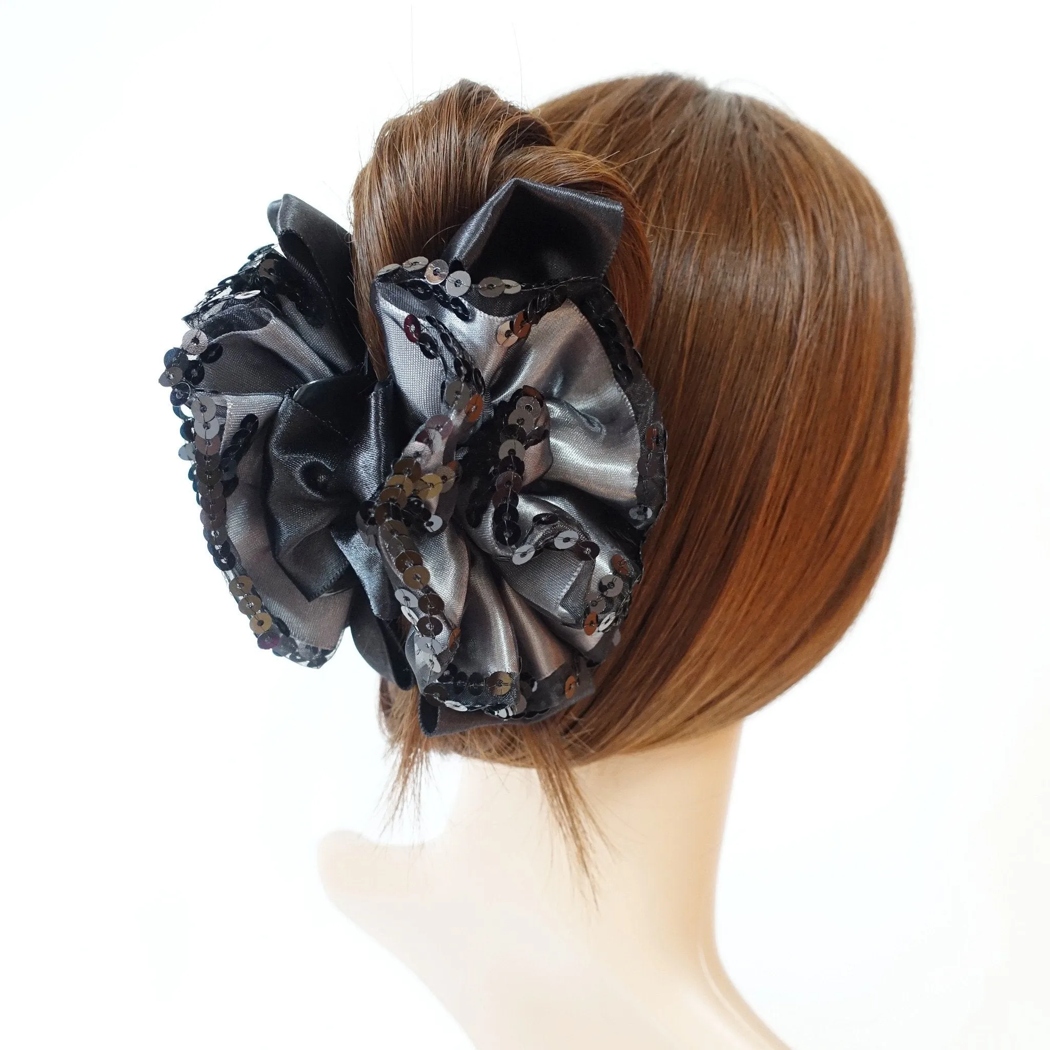 Handmade Premium Satin Fabric Flower Bow Sequin Spangle Hair Jaw Clip