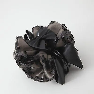 Handmade Premium Satin Fabric Flower Bow Sequin Spangle Hair Jaw Clip