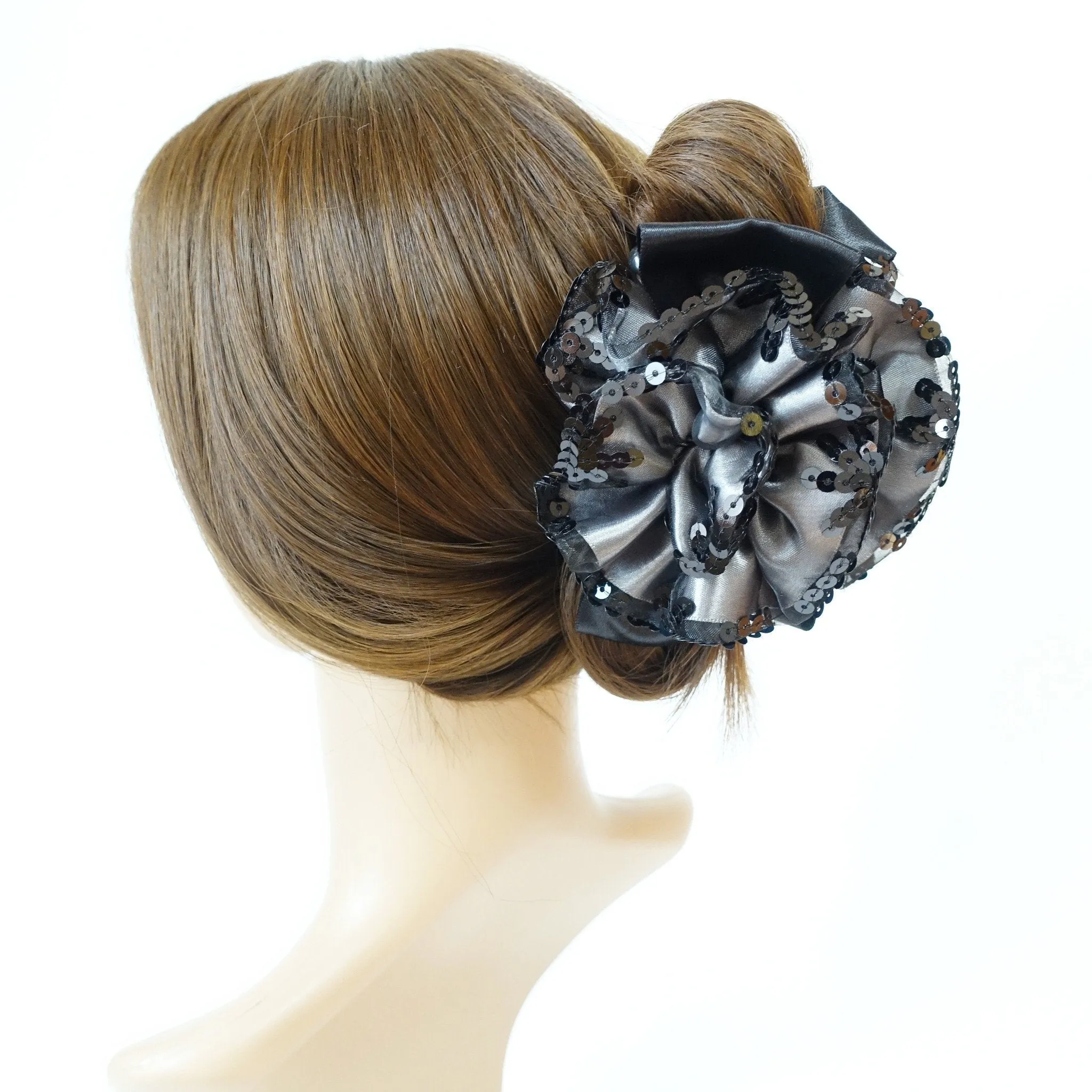 Handmade Premium Satin Fabric Flower Bow Sequin Spangle Hair Jaw Clip