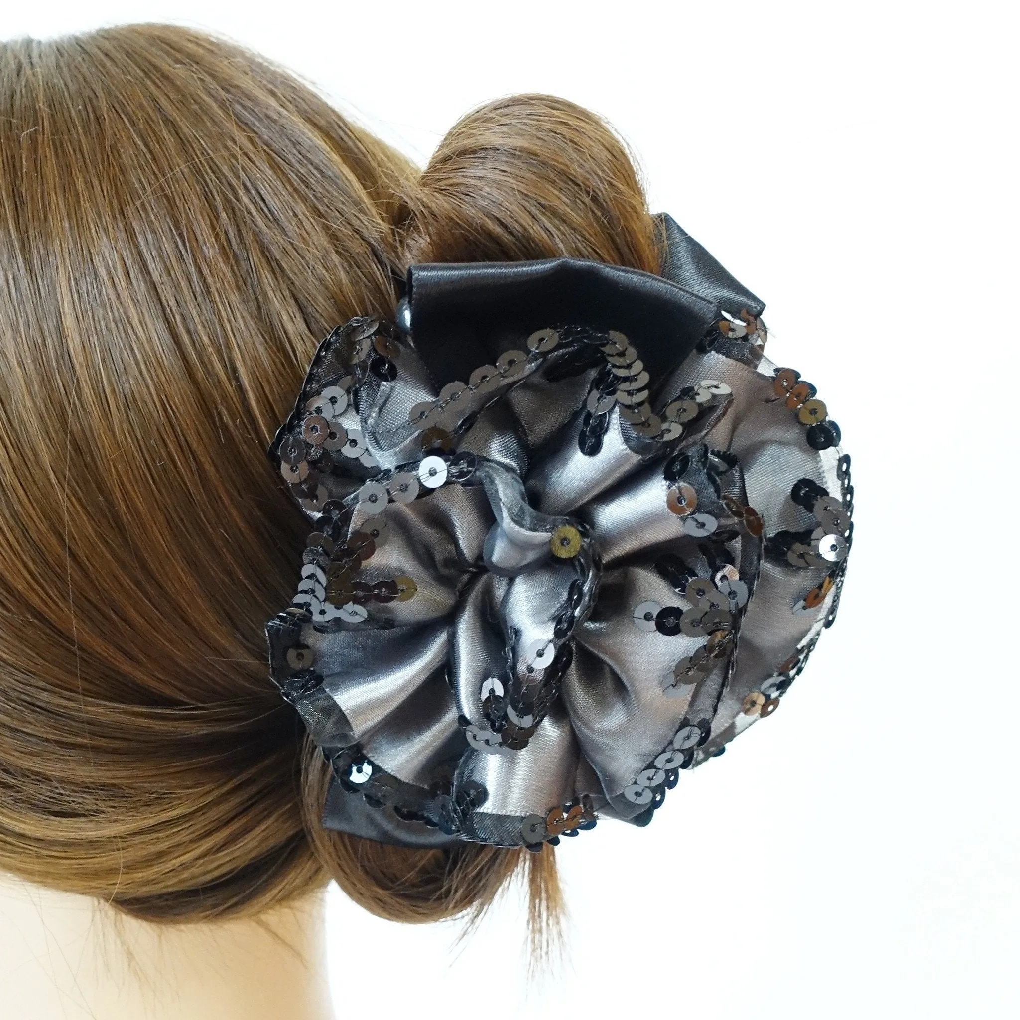 Handmade Premium Satin Fabric Flower Bow Sequin Spangle Hair Jaw Clip