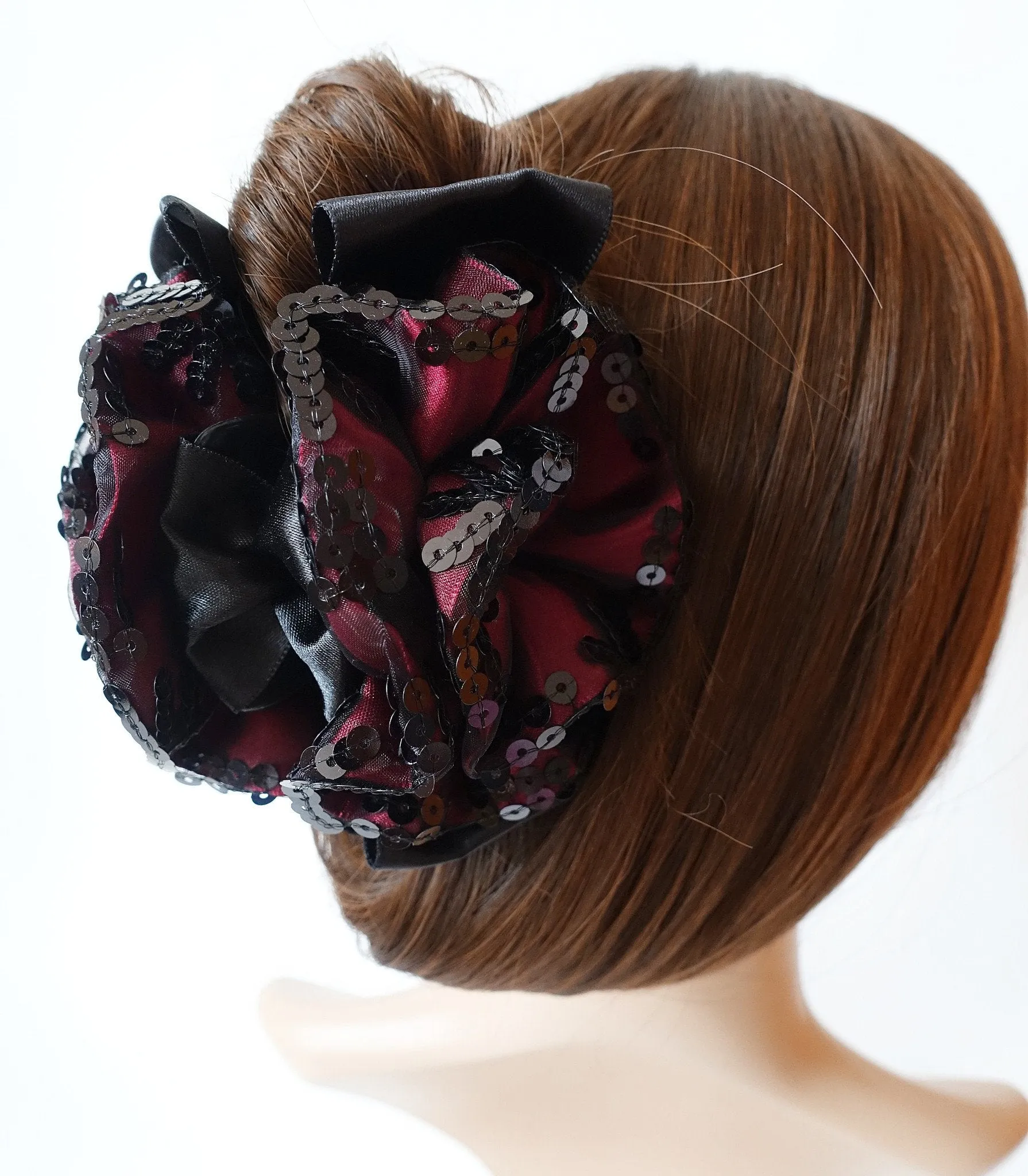 Handmade Premium Satin Fabric Flower Bow Sequin Spangle Hair Jaw Clip