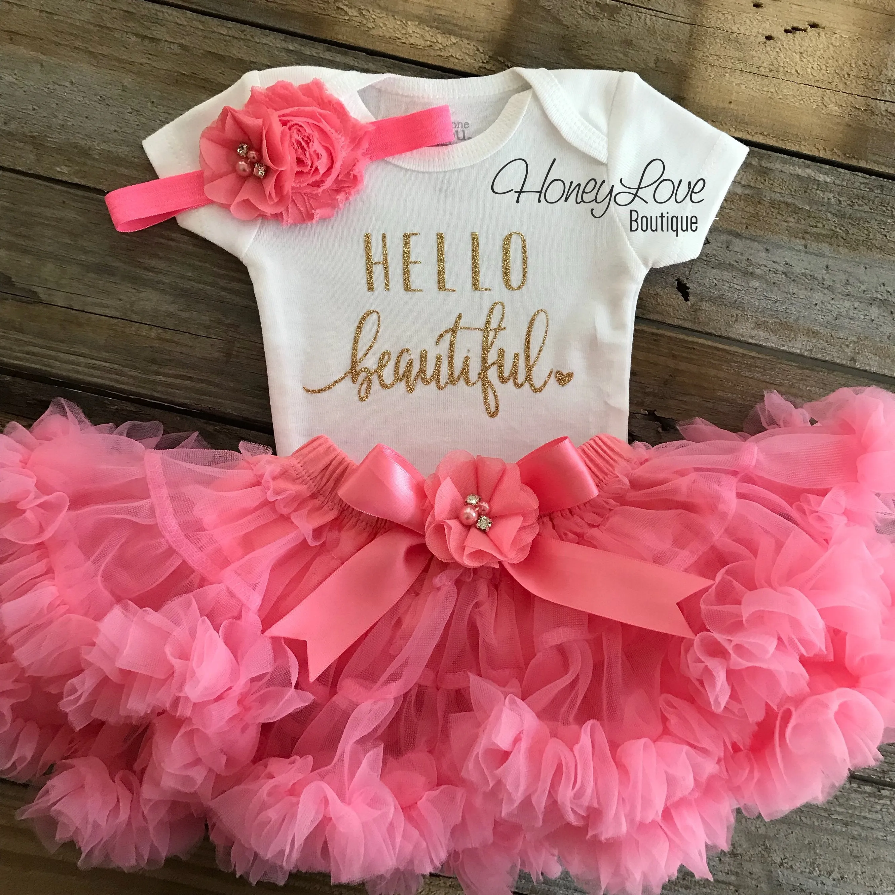 Hello Beautiful Outfit - Gold Glitter and Coral Pink Pettiskirt