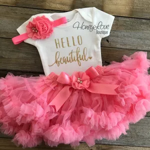 Hello Beautiful Outfit - Gold Glitter and Coral Pink Pettiskirt