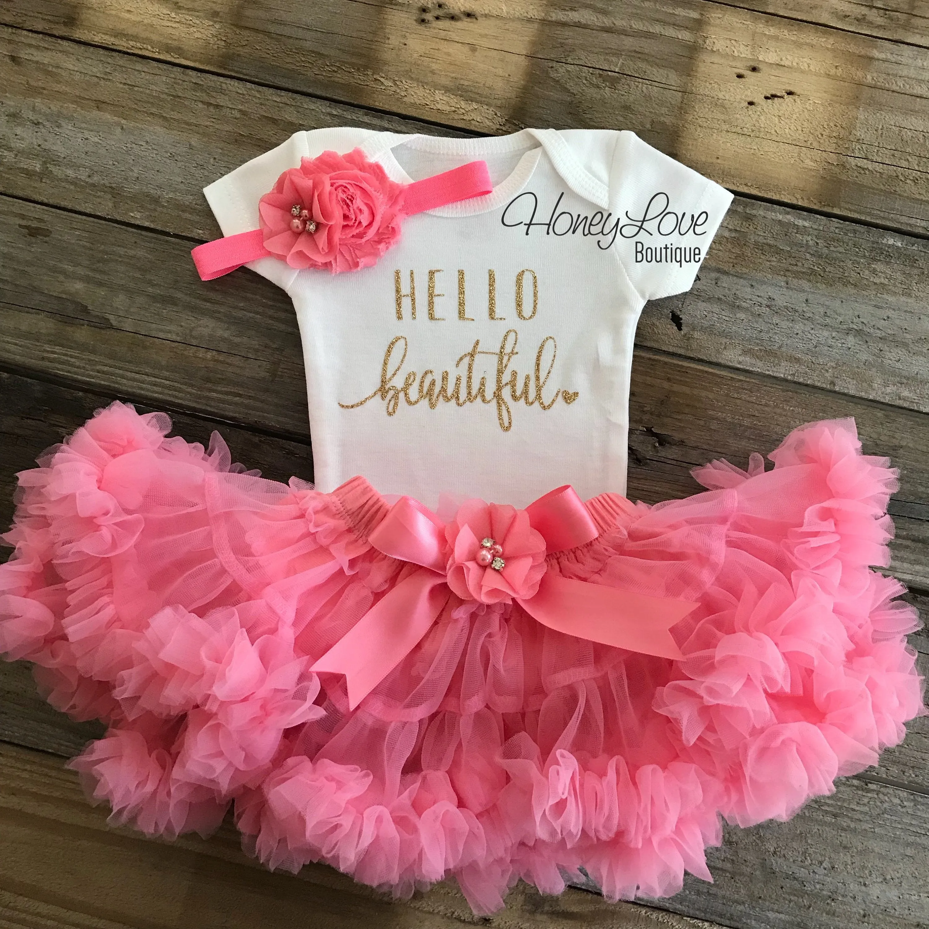 Hello Beautiful Outfit - Gold Glitter and Coral Pink Pettiskirt