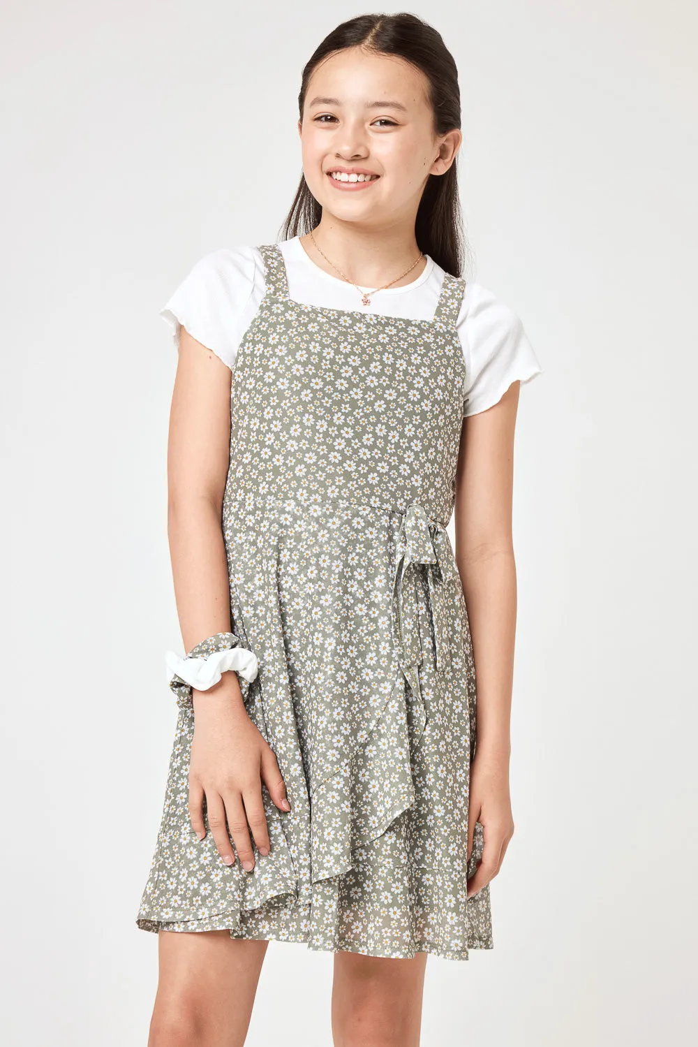 Kids Green Floral Knit Mesh Dress