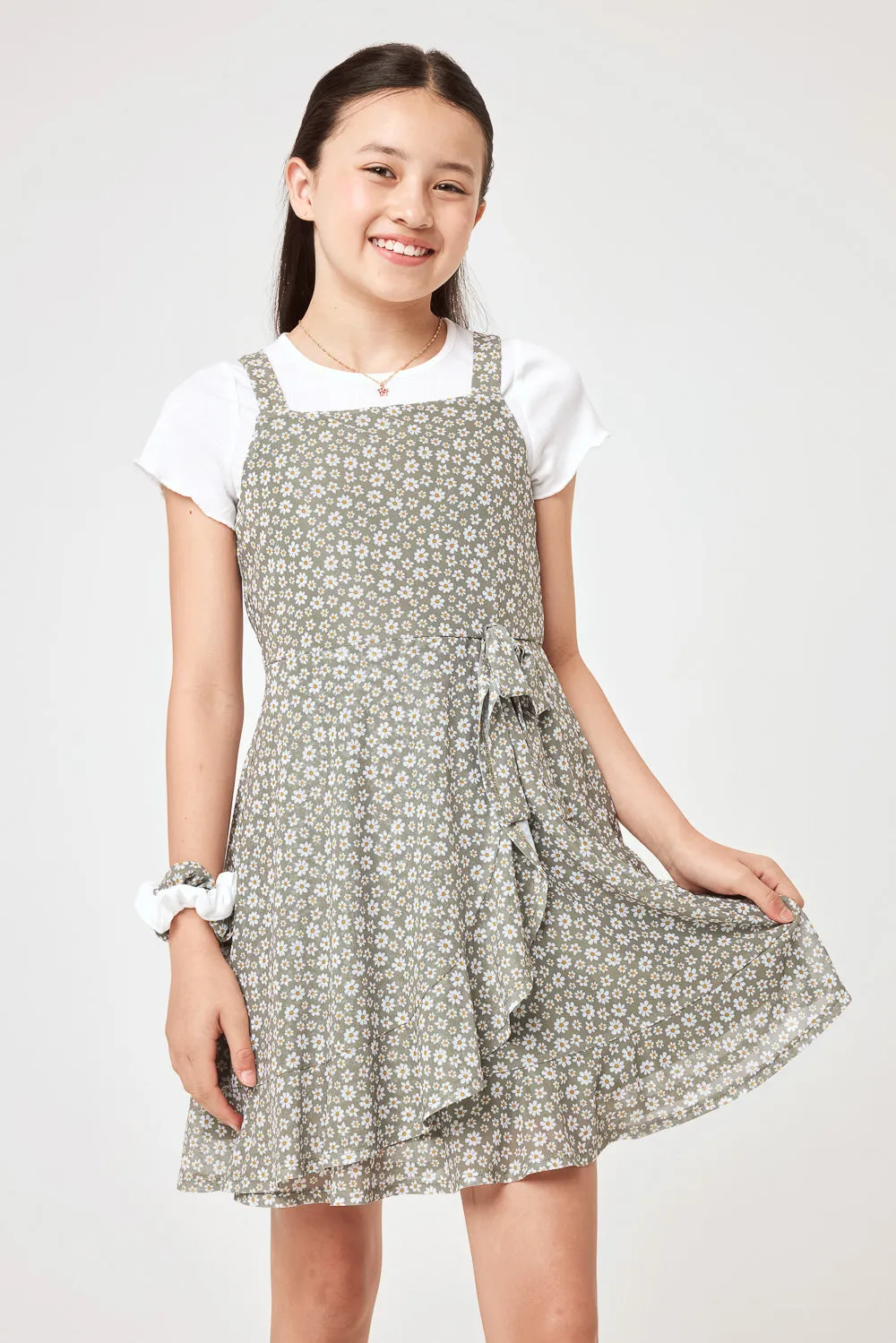 Kids Green Floral Knit Mesh Dress