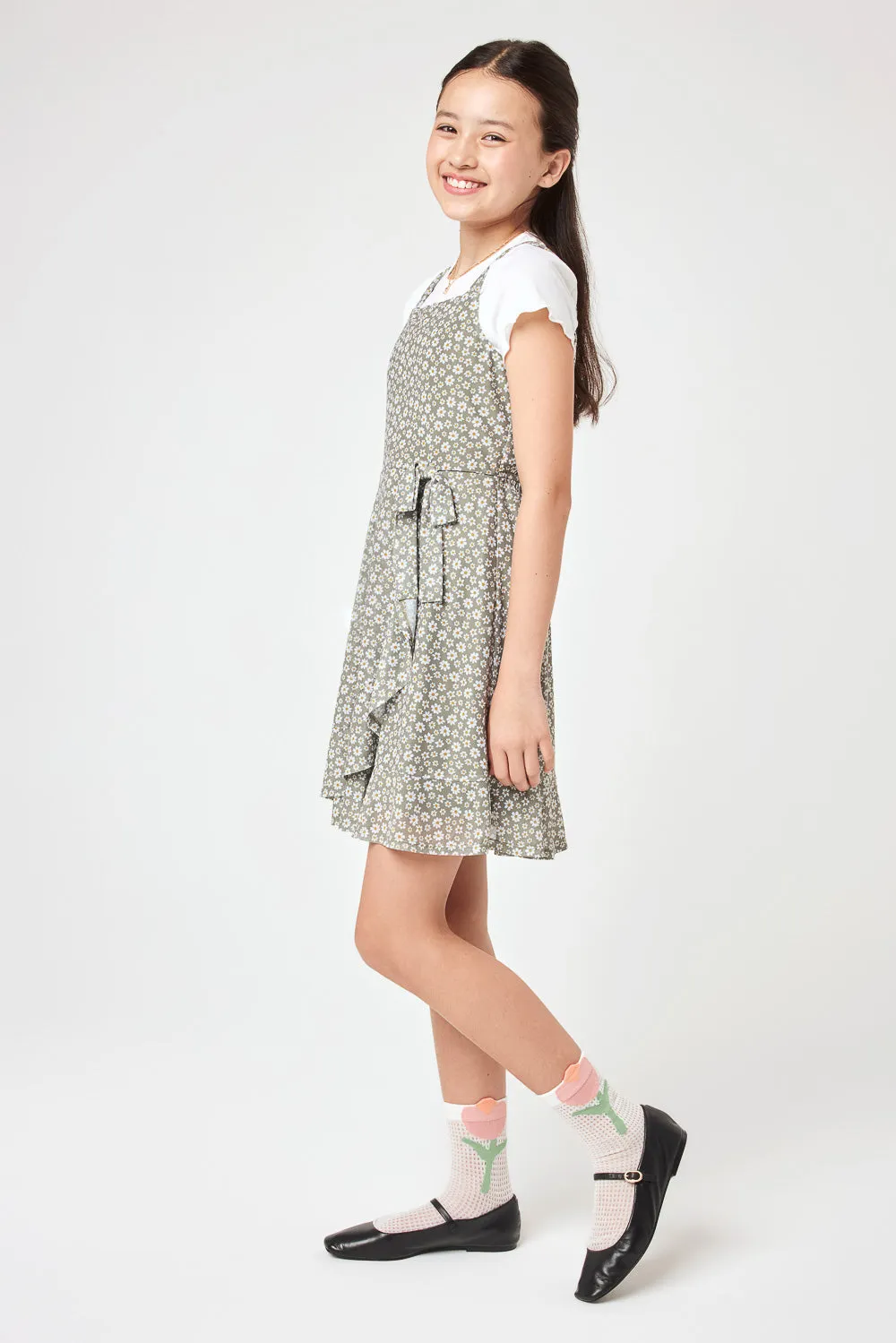 Kids Green Floral Knit Mesh Dress