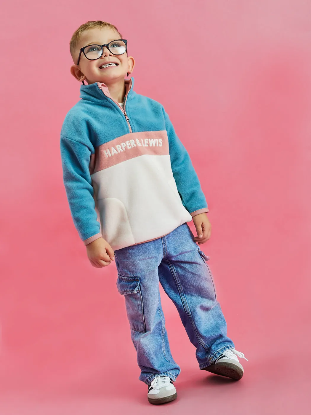 Kids Mellow 1/4 Zip Fleece Steel Blue & Cream