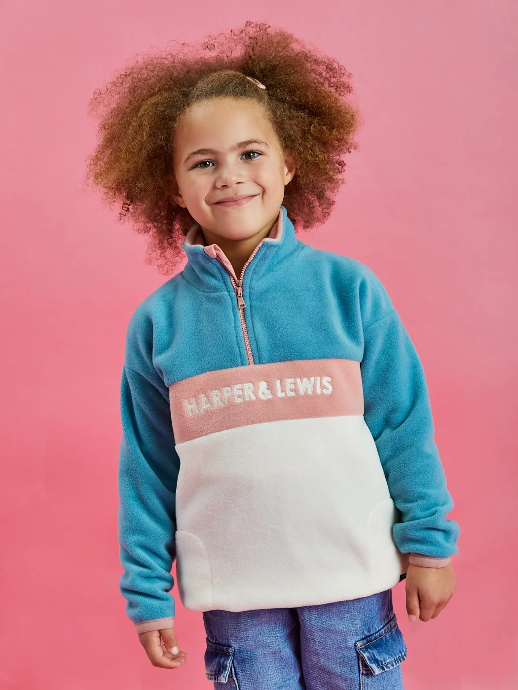 Kids Mellow 1/4 Zip Fleece Steel Blue & Cream