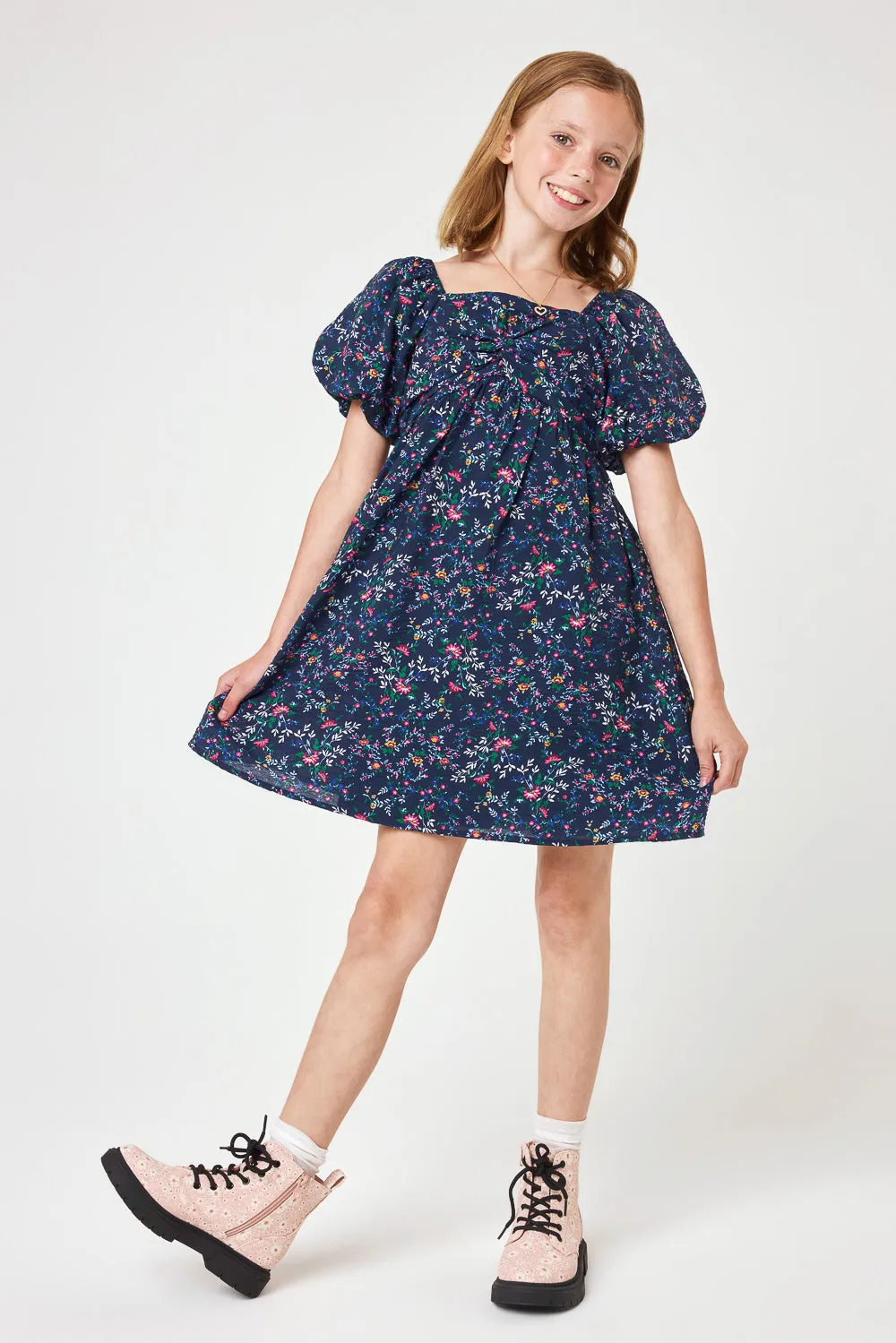 Kids Navy Floral Puff Sleeve Dress