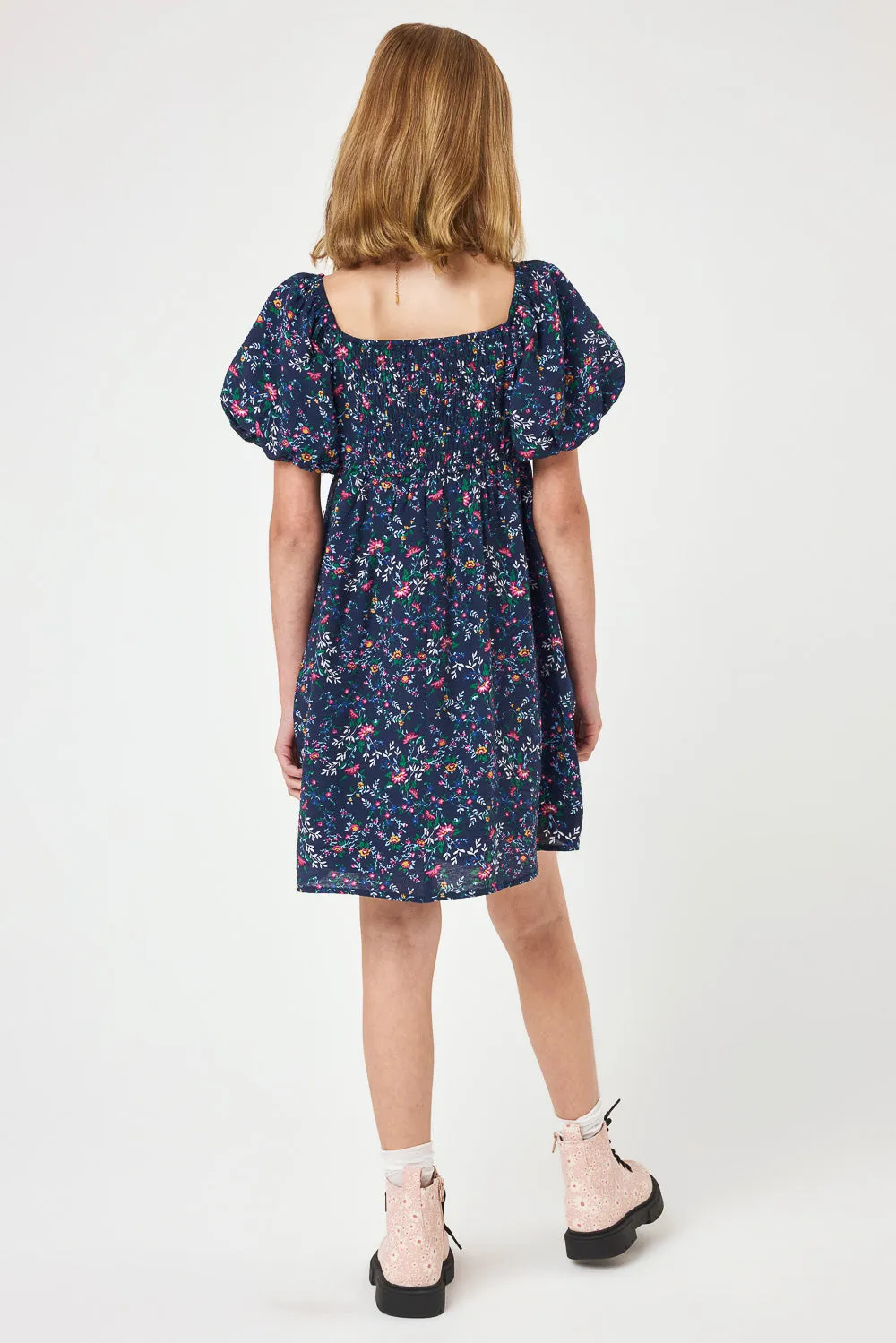 Kids Navy Floral Puff Sleeve Dress