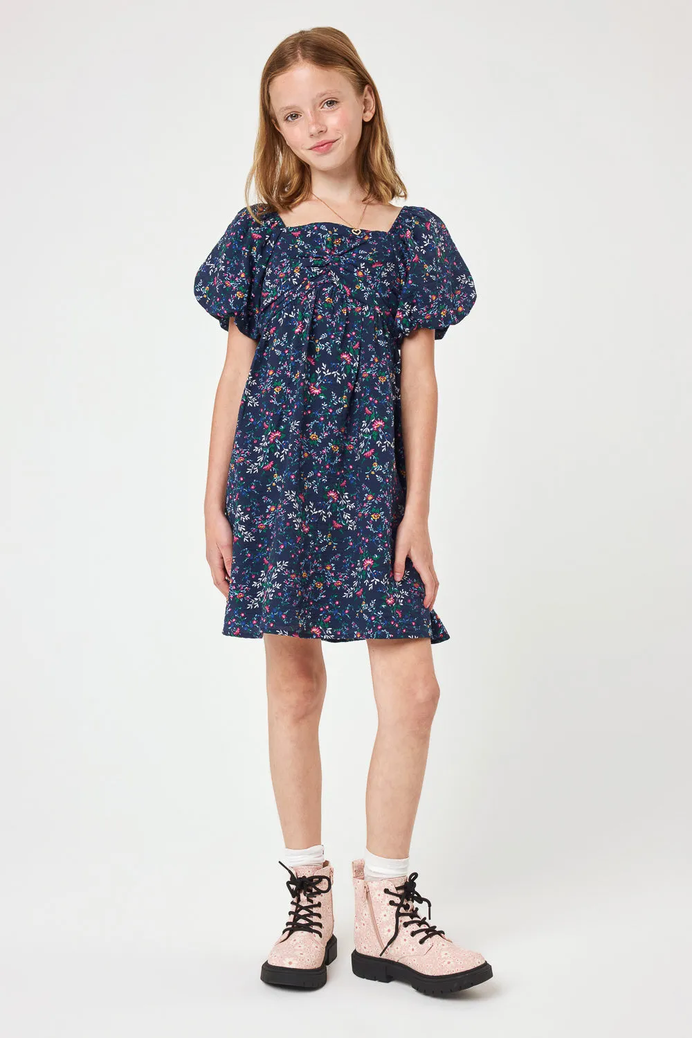 Kids Navy Floral Puff Sleeve Dress