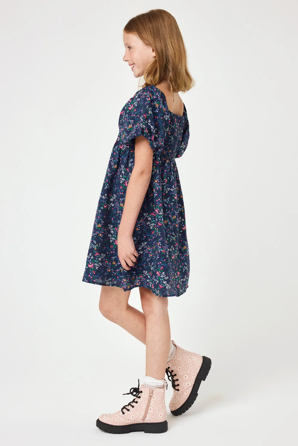 Kids Navy Floral Puff Sleeve Dress