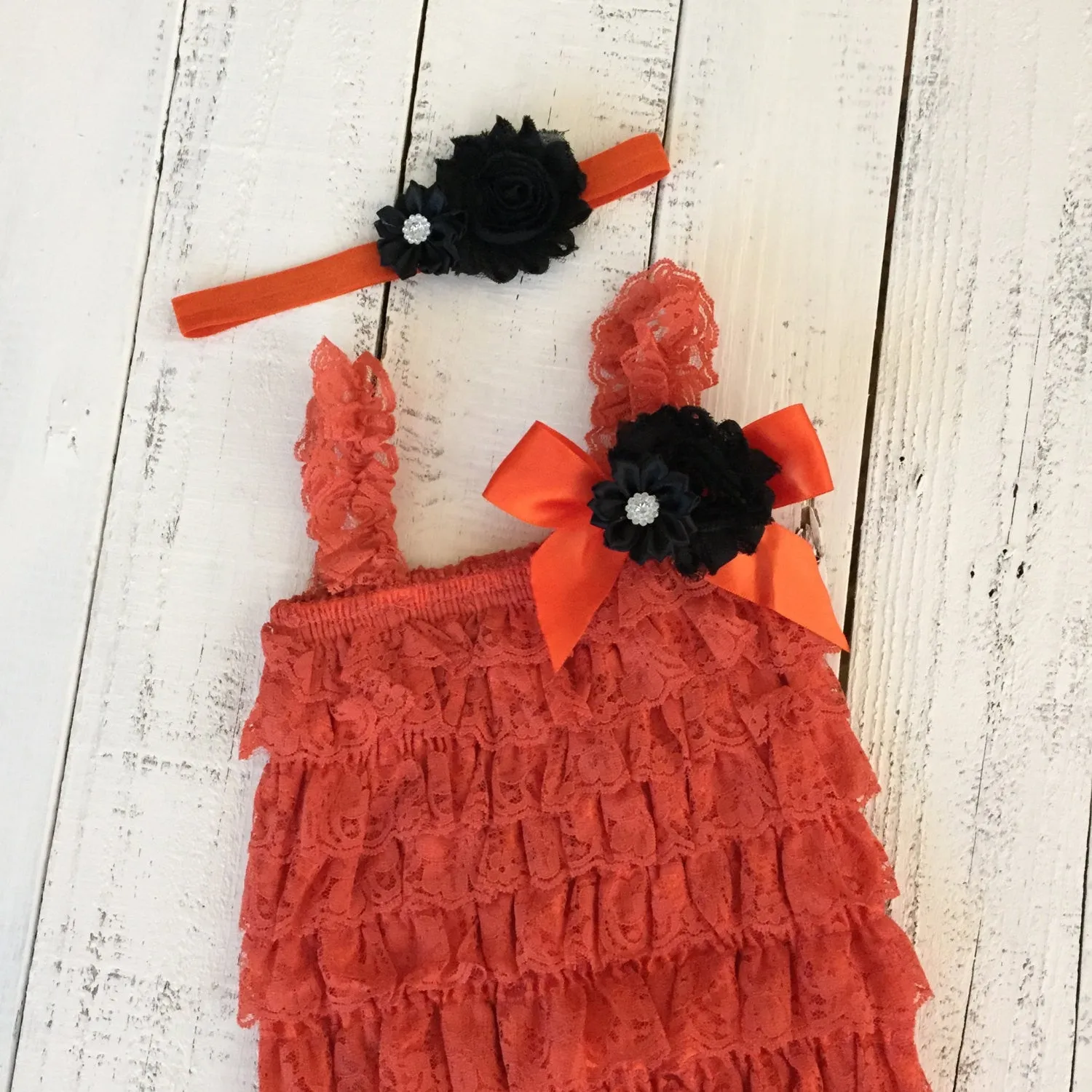 Lace Embellished Orange Petti Romper & Headband