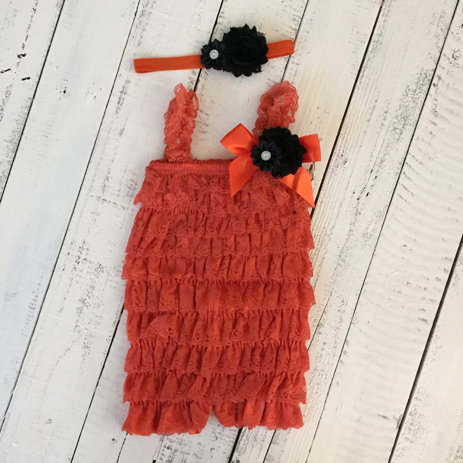 Lace Embellished Orange Petti Romper & Headband